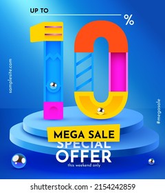 10 percent Off. Discount creative composition.  Sale symbol with decorative objects and podium. Sale banner and poster. Vector illustration.