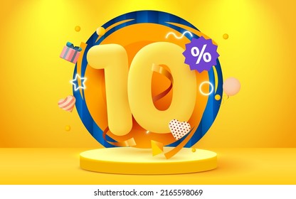 10 percent Off. Discount creative composition. Sale symbol with decorative objects. Sale banner and poster. Vector illustration.