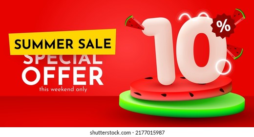 10% de descuento. Descubre la composición creativa. Cartel de la venta de verano con sandía. Cartel y afiche de venta. Ilustración vectorial.