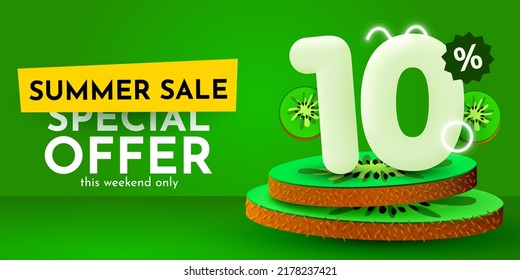 10 percent Off. Discount creative composition. Summer sale banner with kiwi. Sale banner and poster. Vector illustration.