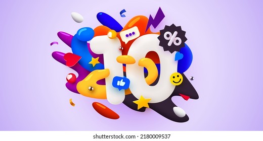 10% de descuento. Descubre la composición creativa. 3d símbolo de venta con objetos decorativos. Cartel y afiche de venta. Ilustración vectorial.