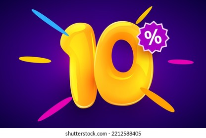10 percent Off. Discount creative composition. 3d sale symbol with decorative objects. Sale banner and poster. Vector illustration.