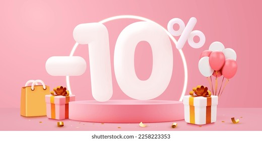 10 percent Off. Discount creative composition. Sale symbol with decorative objects, balloons, golden confetti, podium and gift box. Sale banner and poster. Vector illustration.