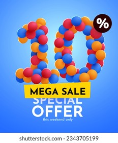 10% de descuento. Descubre la composición creativa. Mega venta. Ilustración vectorial.
