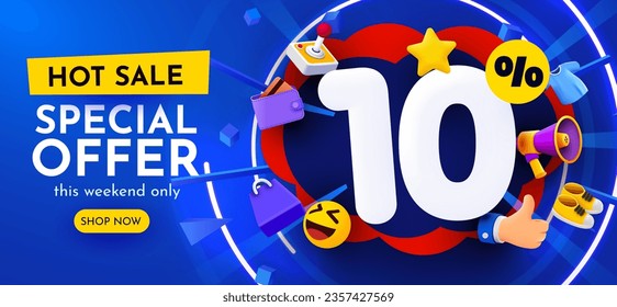 10% de descuento. Descubre la composición creativa. Mega venta. Ilustración vectorial.