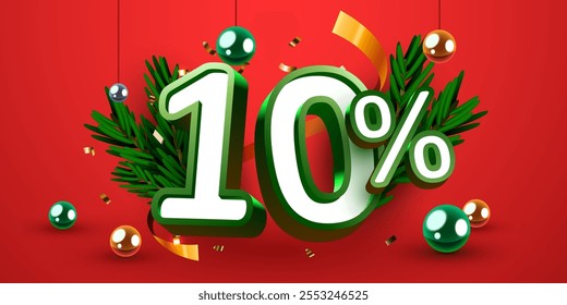 10 percent Off. Discount creative composition. Merry Christmas and Happy New Year. Sale banner and poster. Vector illustration.