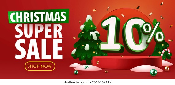 10 percent Off. Discount creative composition. Merry Christmas and Happy New Year. Sale banner and poster. Vector illustration.