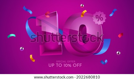 10 percent Off. Discount creative composition. 3d mega sale 10% symbol with decorative objects. Sale banner and poster. Vector illustration.