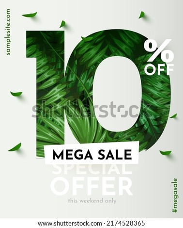 10 percent Off. Discount creative composition. Summer sale banner with decorative objects, palm leaves and gift box. Sale banner and poster. Vector illustration.