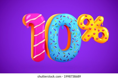 10 percent Off. Discount dessert composition. 3d mega sale 10% symbol with flying sweet donut numbers. Sale banner or poster. Vector illustration