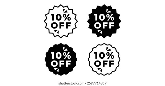10 Percent Off Discount Label Sticker Badge Round Shape Icons Black and White Design Vector Illustration Template