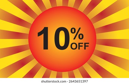 10 percent off. Discount on your price. Number in black color and background composed of a graphic element representing a sun with rays in red and yellow