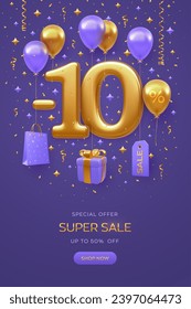 10 percent Off discount promotion Sale banner design on purple background. Realistic gold 3D 10 number with shopping bag, price tag, gift box with golden bow, fly helium balloons. Vector illustration.