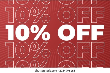 10% percent off discount red and white outline with retro sunburst rays for discounts, promotion and offers