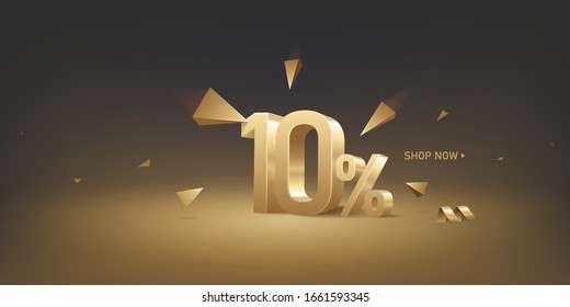 10 percent off discount sale background. 3D golden numbers with percent sign and arrows. Promotion template design.