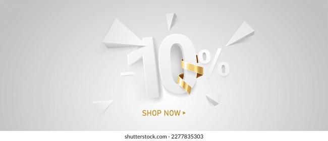 10 Percent off discount sale background. White 3D number with percent sign and golden ribbon. Promotion template design.