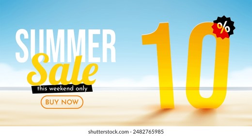 10 Prozent Rabatt. Rabatt Sommerzusammensetzung. Ocean Beach. Sale Banner und Poster. Vektorillustration.