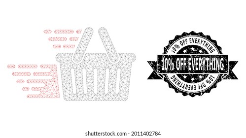 10 Prozent Rabatt Alles korrodierte Siegel und Vektorshoppingkorb-Maschenmodell. Schwarzer Stempel hat 10% Rabatt Alles Text in Band und Rosette. Abstrakter, flacher Einkaufskorb mit Maschen, gebaut aus