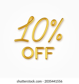 10 percent off golden realistic text on a light background.