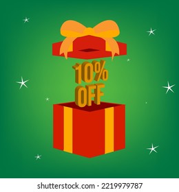 10 percent off. Green banner with 10% off in 3d between a gift box for Christmas promotions and offers.