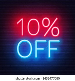 10 percent off neon lettering on brick wall background. Vector illustration