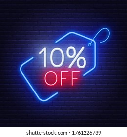 10 percent off neon sign on a dark background.