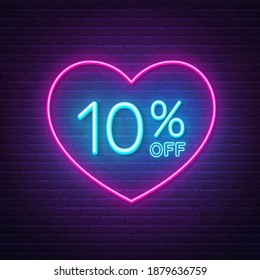 10 percent off neon sign in a heart shape frame. Valentine day discount lighting design.