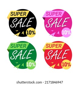 10% percent off (offer) set sale, Super discount, with design in black, pink, green and red. vector illustration
