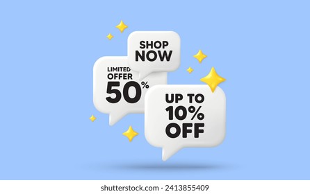 Up to 10 percent off sale. 3d offer chat speech bubbles. Discount offer price sign. Special offer symbol. Save 10 percentages. Discount tag speech bubble 3d message. Talk box stars banner. Vector