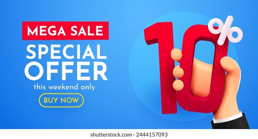 10 percent Off Sale. Hand holding discount percentage. Special offer. Vector illustration.