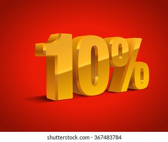 10% percent off, sale red background, golden-yellow object 3D. Eps10 Vector.