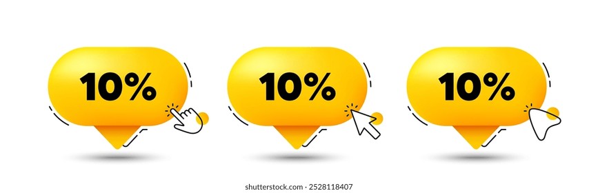 10 percent off sale tag. Click here buttons. Discount offer price sign. Special offer symbol. Discount speech bubble chat message. Talk box infographics. Vector