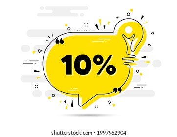 10 percent off Sale. Yellow idea chat bubble background. Discount offer price sign. Special offer symbol. Discount chat message lightbulb. Idea light bulb background. Vector