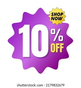10% percent off(offer), shop now, purple and yellow 3D super discount sticker, sale. vector illustration