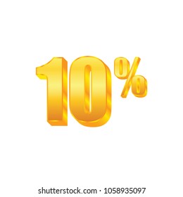 10 percent on white background, 3D gold isolated vector image