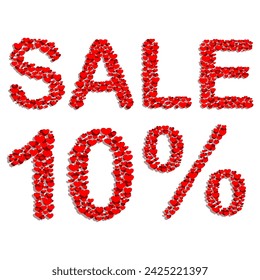 10 Percent Sale Text with Red Hearts on White Background, 10% Sale, 10% Off Sale Text. Special offer, Discount, Percentages, Sale Window, Sign Poster, Retail, Store Signs. Vector Image.
