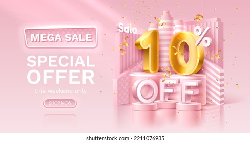 10 percent Special offer mega sale, golden confetti, podium and gift box. Sale banner and poster. Vector illustration.