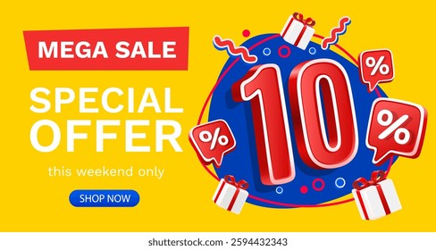 10 percent Special offer mega sale, Check and gift box. Sale banner and poster. Vector illustration.