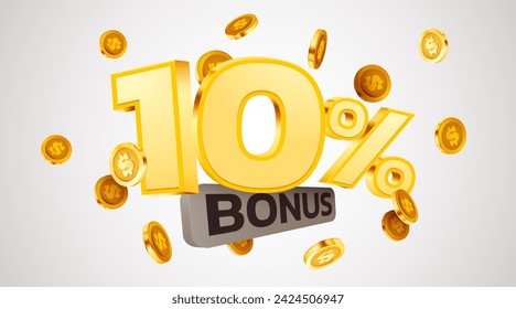 10 percents bonus. Falling golden coins. Cashback or prize concept. Vector illustration