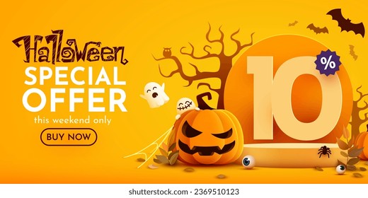 10 percents off. Halloween sale banner template. Podium and numbers with amount of discount. Special October offer. Vector illustration.