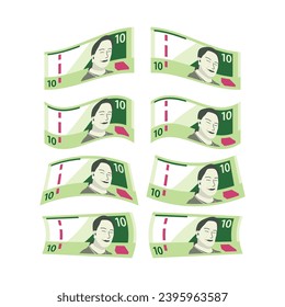 10 Peruvian Soles Vector Illustration. Package of Banknotes Money from Peru. 100 Suns Falling and Flying. Flat style. Isolated On White Background. Simple Minimalist Design.