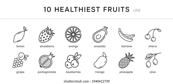 10 piece healthiest fruits icon set. Healthiest fruits diet snack foods vector line icons set. Isolated on a white background. Modern editable line icon set. Your web mobile application logo design.
