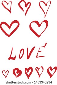 10 pieces of drawn hearts and the inscription "Love". Vector graphics