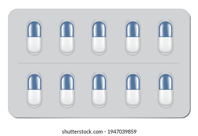 10 pills in a blister pack. Realistic looking vector with tablets in white-blue.