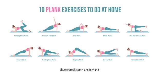 10 Plank exercises set to do at home. Woman doing exercises doing Plank. The plank is an excellent abdominal and core exercise.  Isolated vector illustration in cartoon style
