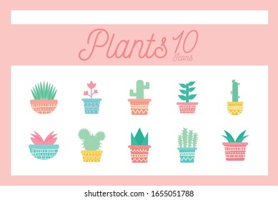 10 Plants inside pots block gradient style icon set design of Floral nature garden ornament botany decoration beauty and flora theme Vector illustration