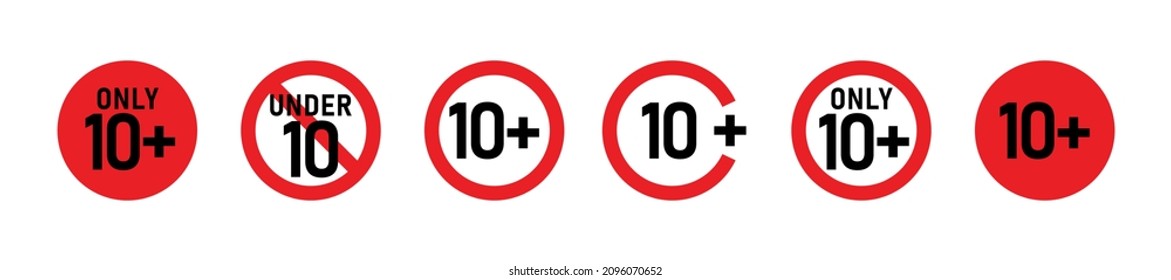 10 más conjunto de signos. Diez. Restricciones de edad, censura, control parental. Icono de contenido, películas y juguetes.
