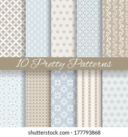 10 Pretty pastel vector seamless patterns (tiling, with swatch). Endless texture can be used for wallpaper, fill, web background, texture. Set of abstract cute ornaments. Blue, beige, white colors.