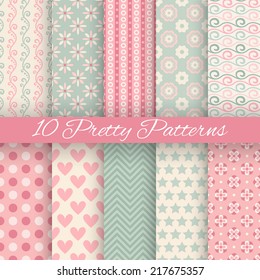 10 Pretty pastel vector seamless patterns. Endless texture can be used for wallpaper, fill, web background, texture. Set of abstract cute ornaments. Blue, pink, white colors.