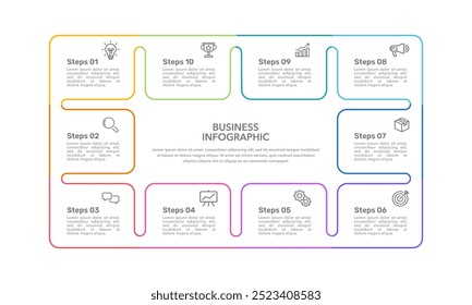 10 Proceso hacia el éxito. Plantilla de diseño de línea cuadrada de infografía. Presentación de negocios, Anuncio, folleto, póster y Plan. Ilustración vectorial.